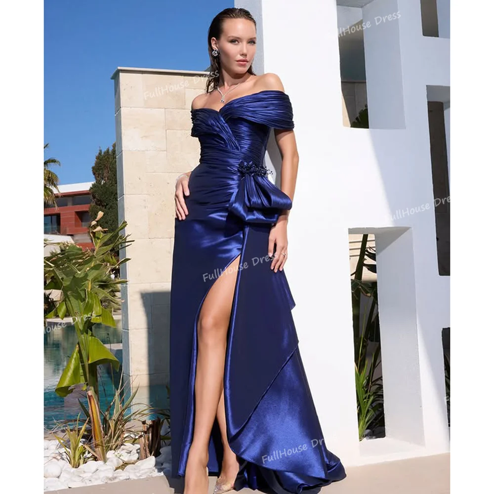 

Custom Made Modern Off Shoulder Pleated Straight Ruched Backless Evening Dress Floor Length Side Split Prom Dress with Train