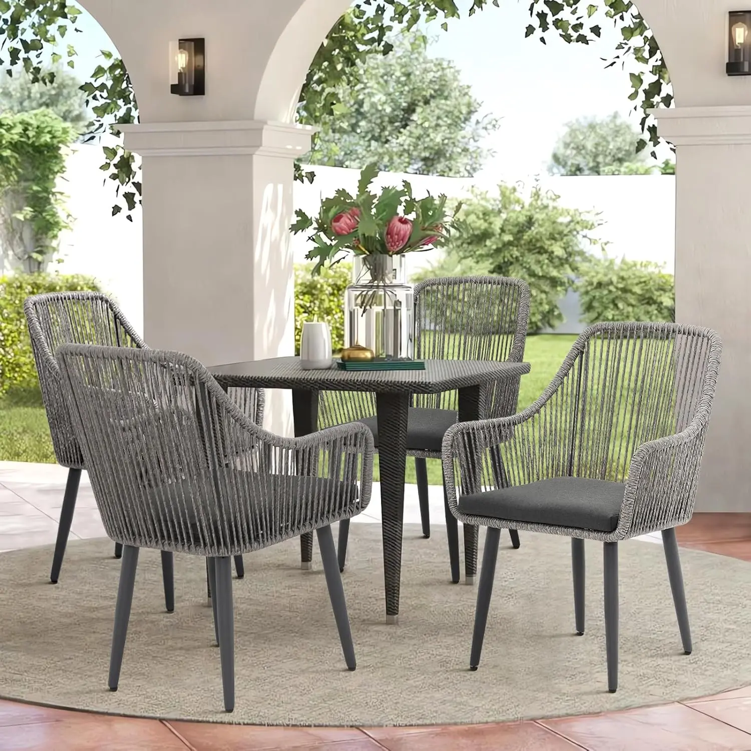 JOIVI Outdoor Patio Dining Chairs Set of 4, Woven Rattan Chairs with Armrest & Cushions Kitchen Wicker Dining Chairs with Iron F