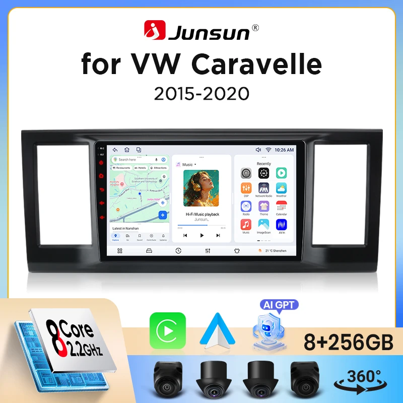 Image of Junsun Wireless CarPlay Android Auto Autoradio für Volkswagen (VW) Caravelle / Transporter (T6) 2015-2020 mit eingebautem Lüfter, Android GPS-Navigation, Multimedia-Player, WiFi, DSP, RDS, BT, SWC,