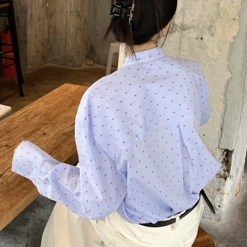 HKSH خريف جديد المرأة قميص ربطة القوس فيونكة طوق واحدة الصدر ملابس منقوشة بكم طويل نمط Preppy شارع العليا شيك بلايز عادية HK11405