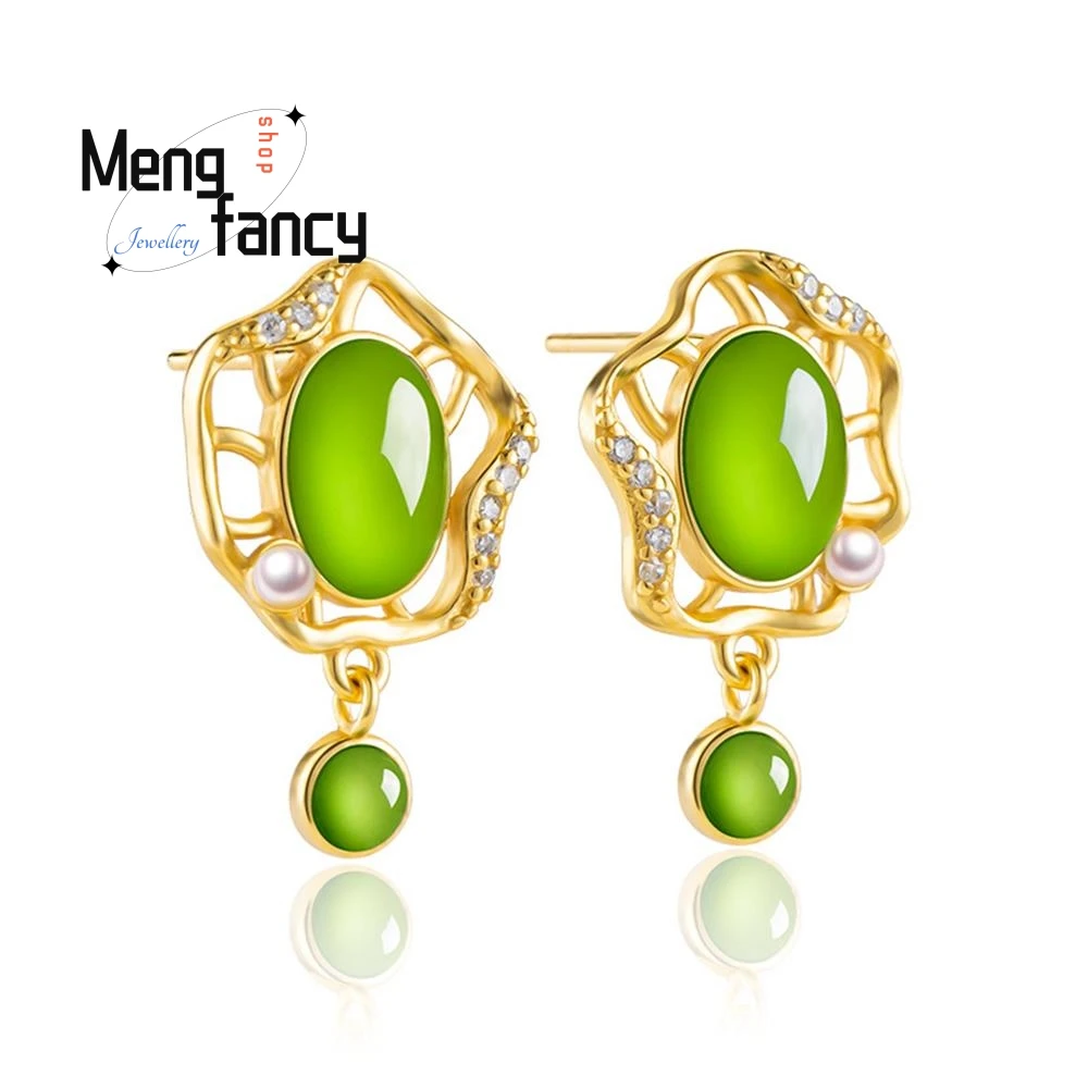 

Genuine Spinach Green Natural Old Material Hetian Jade Jasper Earrings Female Models S925 Silver Inlaid Luxury Quality Jewelry