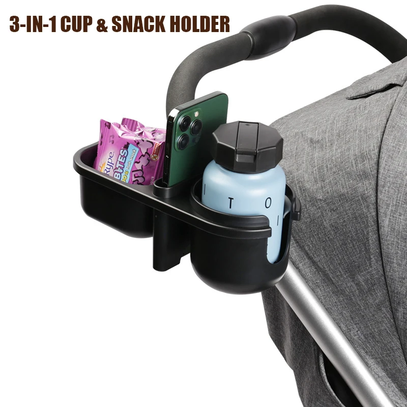 

3 in 1 Stroller Cup Holder With Snack Tray and Phone Holder Universal Detachable Pram Snack Organizer Baby Stroller Accessories