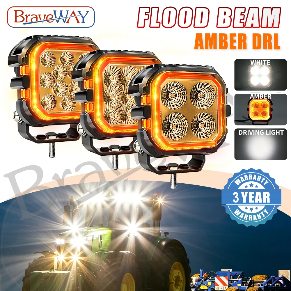BraveWay 3 Zoll 4 Zoll 5 Zoll Quadratisches LED-Arbeitslicht Zweifarbiges DRL IP68 Superhelles Fahrlicht 12-24V LED-Pod-Licht für Traktor, Gabelstapler, Bagger, Lader, ATV, UTV, Arbeitslampe für den