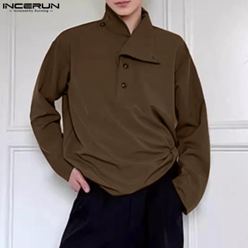 Fashion Casual Style Tops INCERUN New Men Asymmetrical Neck Design Shirts Male Simple Solid Loose Long Sleeved Blouse S-5XL 2024