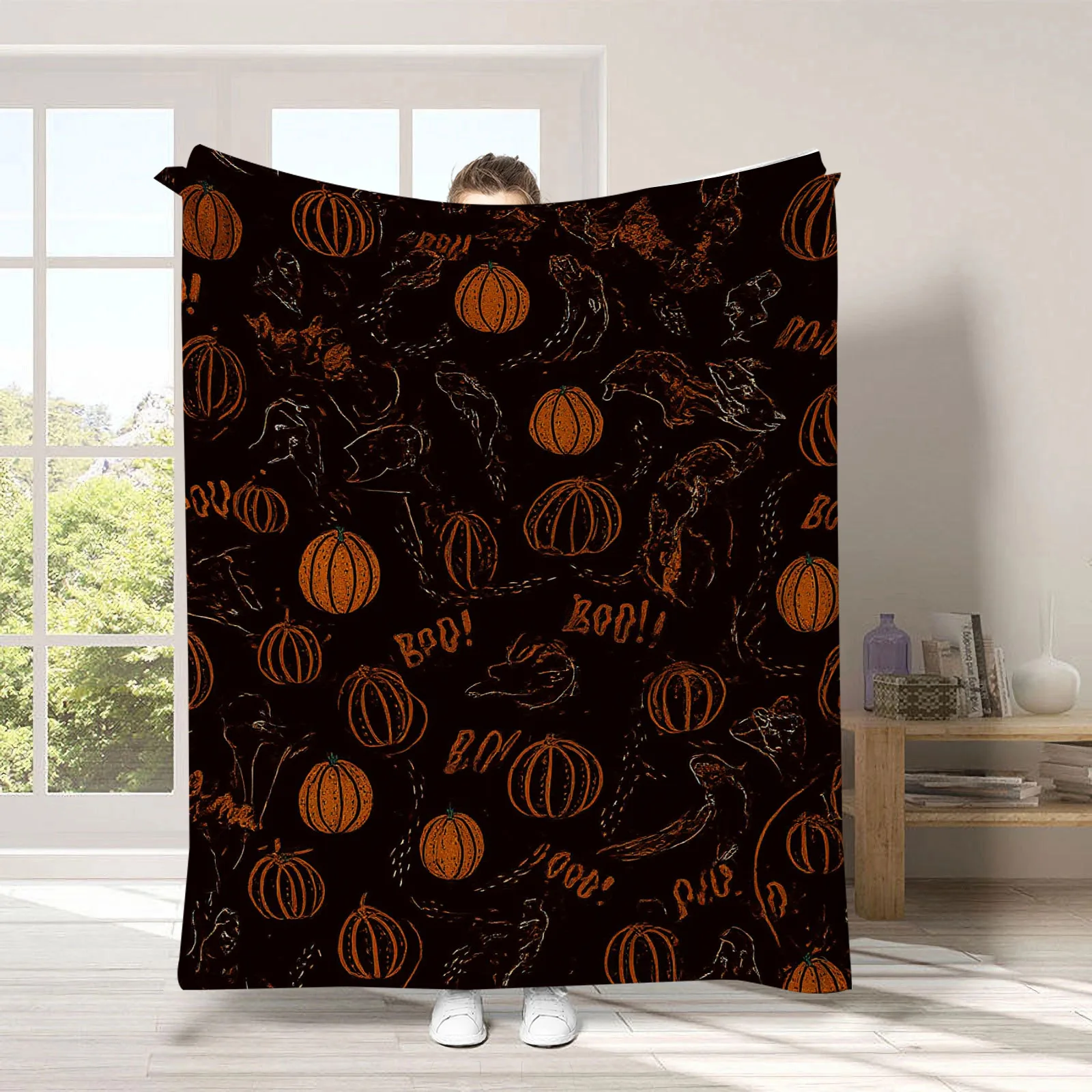 Gruselige schwarze Halloween-Flanelldecke mit Geistern, weiche Universaldecke, multifunktionale Dekorationsdecke, Weihnachtsgeschenk – Detail 9