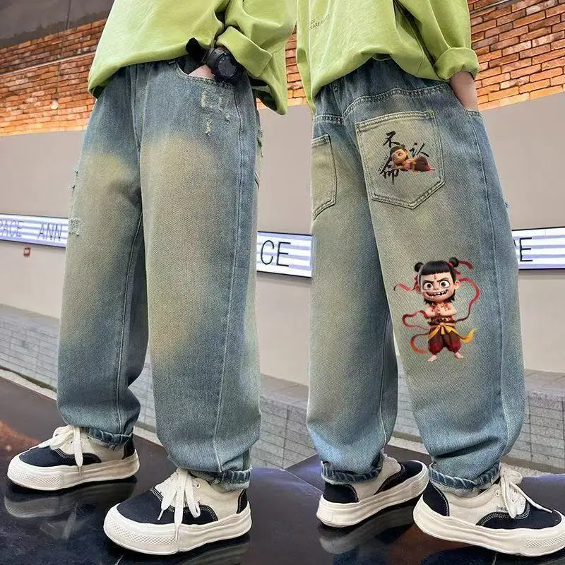 Boy's jeans - Spring 2026 collection - 3-12 years old - Large-sized children's casual pants with cartoon prints - Denim pants