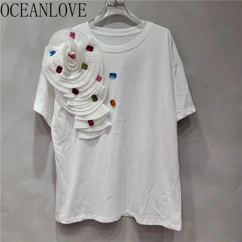 

OCEANLOVE футболка с 3D цветами для женщин, винтажная корейская модная однотонная футболка с бисером, Ropa De Mujer, элегантные складные простые кофточки