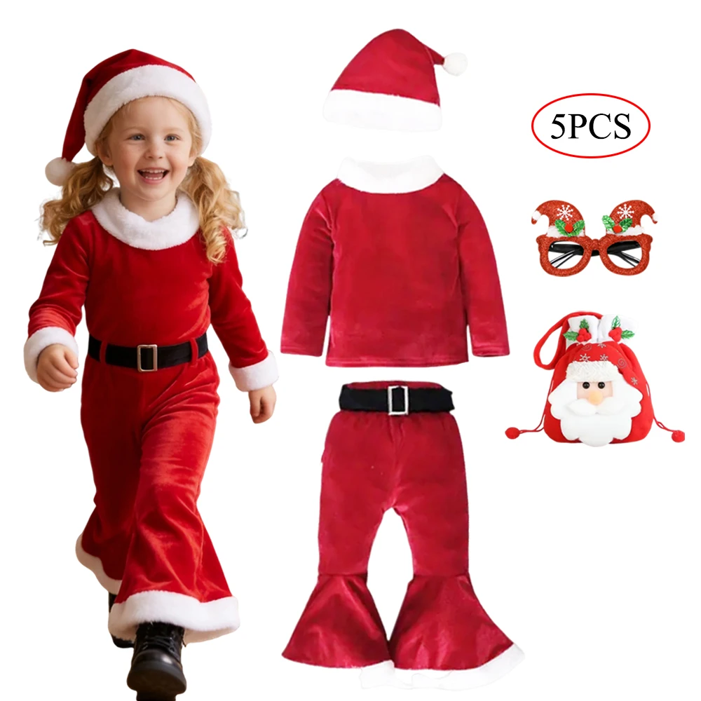 Christmas Girls Santa Clause New Year Bell Bottom Set Costume Festival Kids Clothing 3 PCS Set With Hat Fancy Xmas Party Outfit