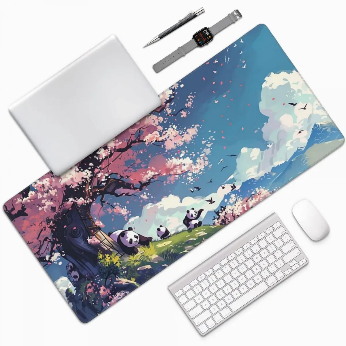 Panda In A Peach Blossom Branch Large Mouse Pad Computer Keyboard Mouse Mat Gaming Laptop Desk Mat Office Accessories Table Mats