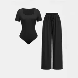 Women's Sets Summer Crew Neck Short Sleeve Onesie Elastic Waist Wide Leg Pants Casual Two-piece Sets for Women