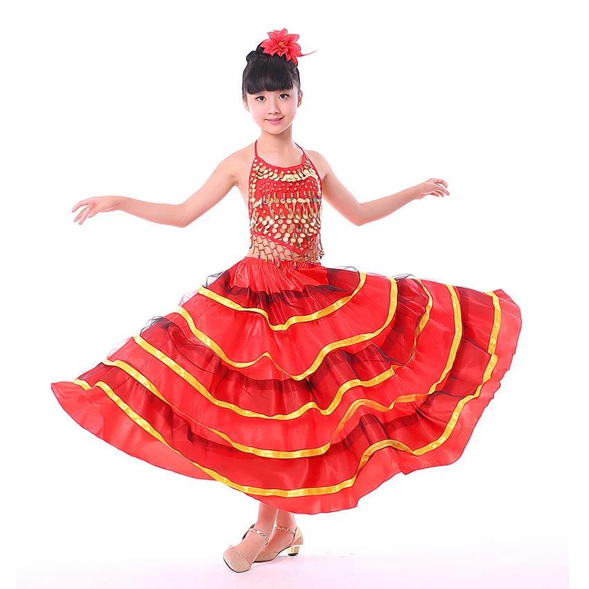 Kinder Hohe Qualität Satin Weiche Rot Schwarz Teenager Mädchen Spanisch Flamenco Rock Gestreiften Bling Ballsaal Bühne Tragen Leistung Kleid