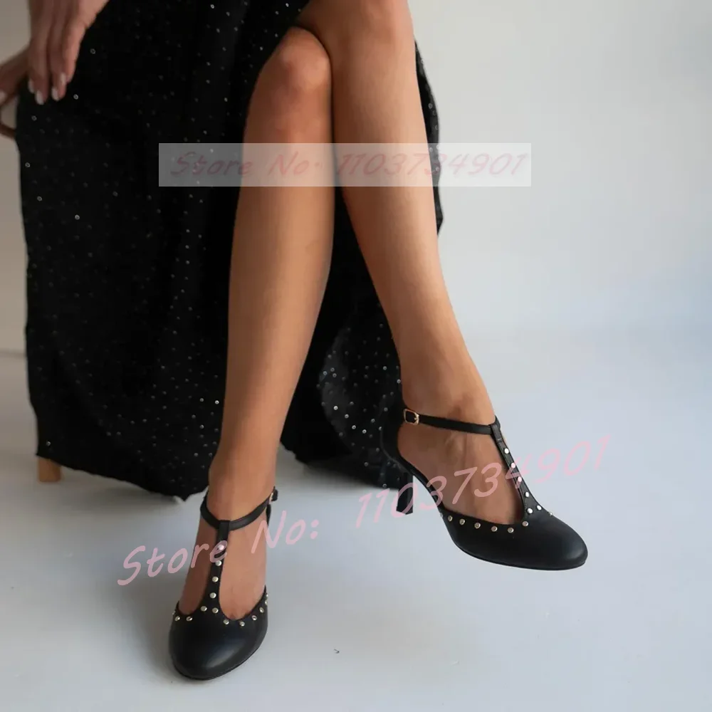 Rivets T-bar Close toe Sandals Women Retro Round Toe Buckle Strap Nude High Heels Shoes Ladies Elegant Party Sexy Sandals view 3