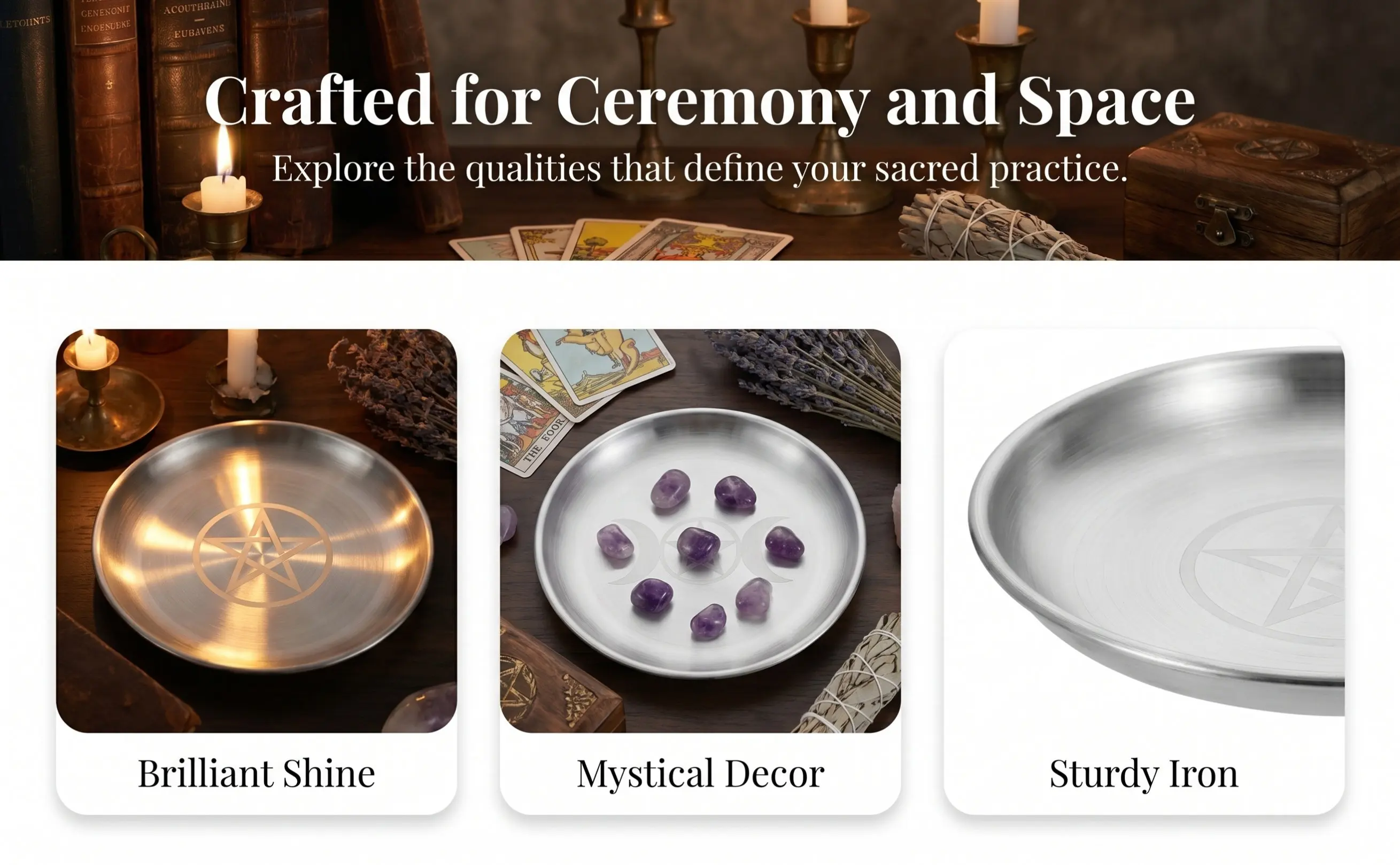 2Pcs Pentagram Silver Ritual Plate Iron Flat Bowl Jewelry Tray Offering Bowl Prayer Astrology Ring Trinket Holder Decoration