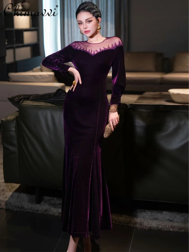 

French Elegant High-End Long Evening Party Dress Beading Long Sleeve High Waist Purple Velvet Fishtail Bodycon Dress for Women