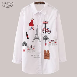 New White Women Blouse 2023 Long Sleeve Cotton Embroidery Blouse Lady Casual Button Design Turn Down Collar Female Shirt 5083