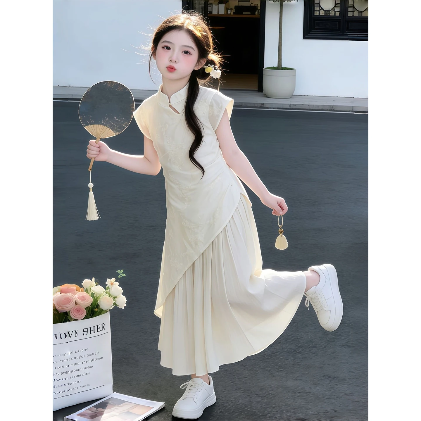 new-chinese-style-children's-girls-summer-dress-short-sleeve-mid-waist-soft-comfortable-breathable-cotton-inner-mat