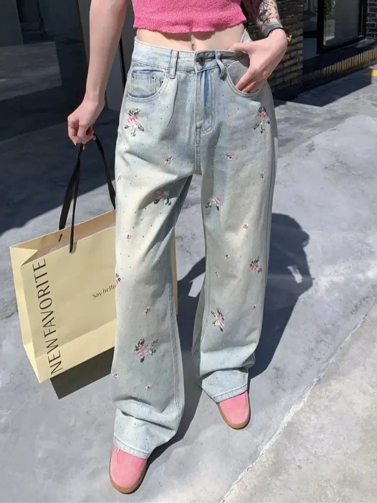 PLAMTEE Florals Women Mopping Pants Jeans Loose Summer Chic High Waist Denim 2024 All Match Wide Leg Straight Slim Vintage Daily