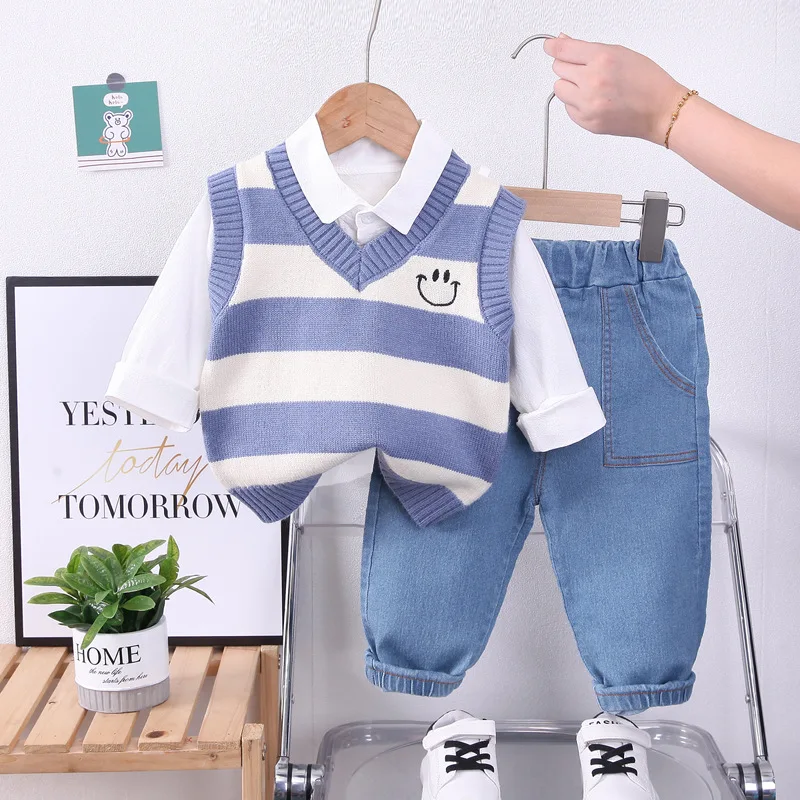 Kids Baby Tracksuit Set Spring Autumn Fashion Striped Sweater Vest + Shirts + Jeans Infant Boys Clothes Toddler Boy Outfit Set