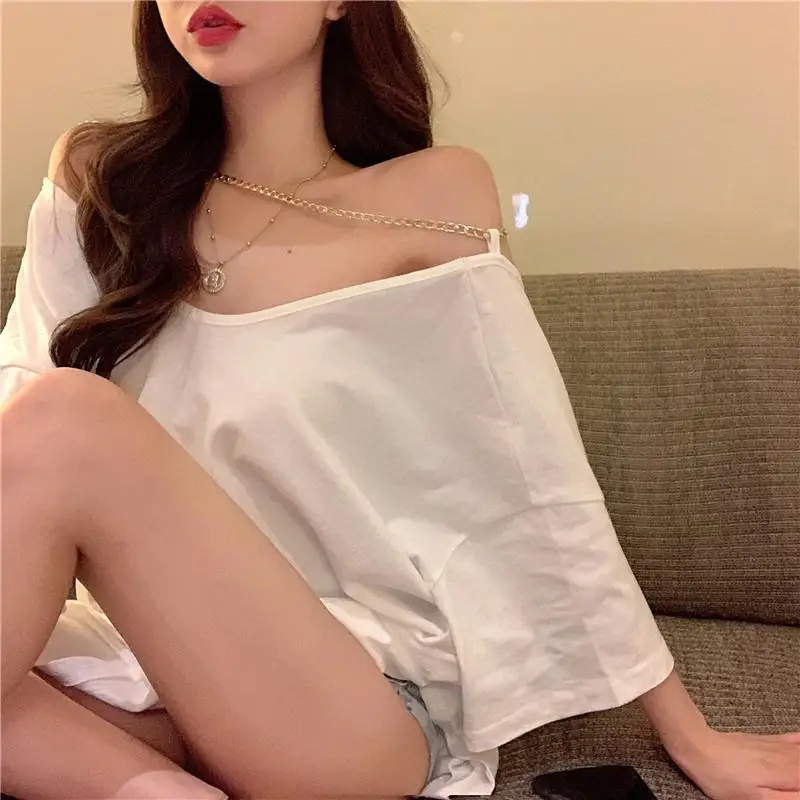 T-shirts Women Sexy Hotsweet Lazy Style Chain Design Summer Female V-neck Unique Streetwear Fashion Ulzzang Loose Solid Casual