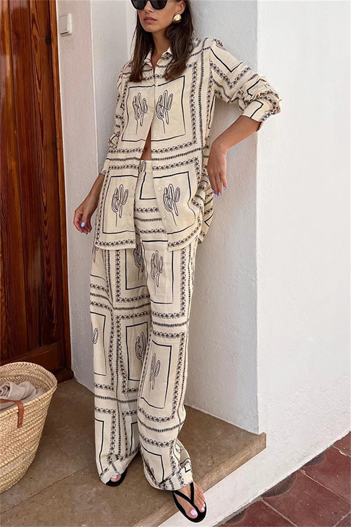 Female Printed Shirts Two Piece Set Lapel Long Sleeve Top High Waist Wide Leg Pants 2024 Spring Summer Women Home Wear Suits