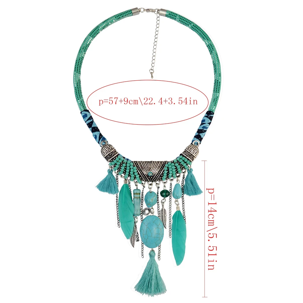 Bohemian African Ethnic Thread Long Bib Choker Necklace For Women Indian Tribal Feather Turquoise Beads Rope Collar Neck Jelwery