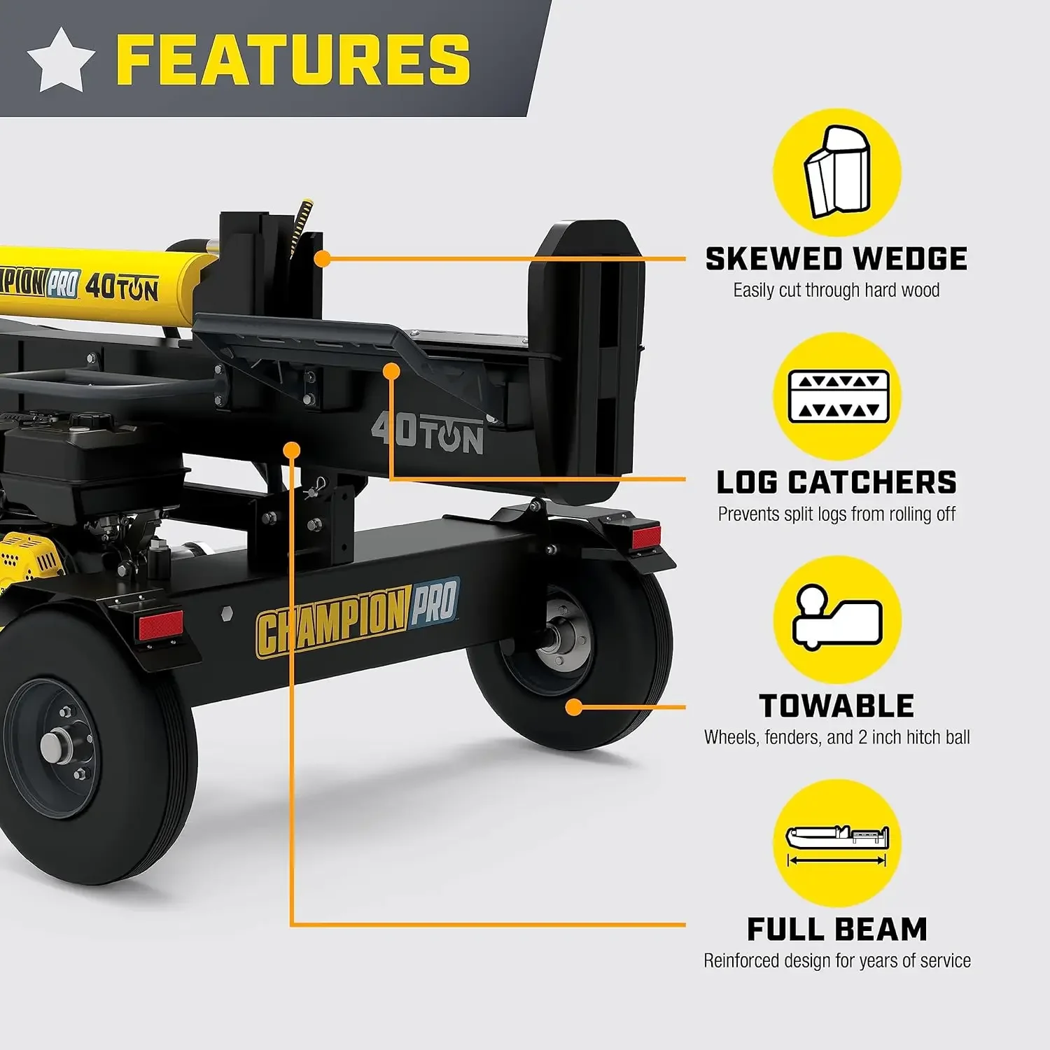 40-Ton PRO Grade Horizontal/Vertical Full Beam Gas Log Splitter with Auto Return