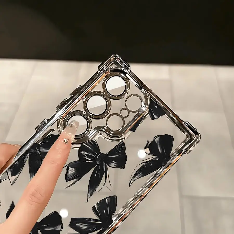 Phone Case for Samsung Galaxy S21FE s24ultra S20 FE S25 Ultra S22 Ultra S24 s24fe S25 Plus S23 Clear Cover Black Pearl Bowknot