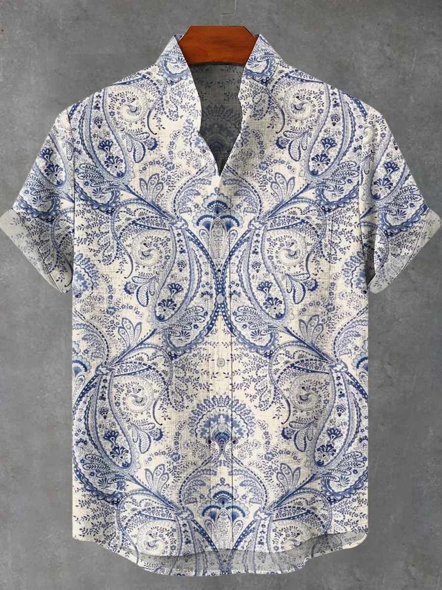 ハワイ3Dプリントデザインメンズおしゃれカジュアルバケーションリネンシャツメンズボタン快適半袖スタンドカラー