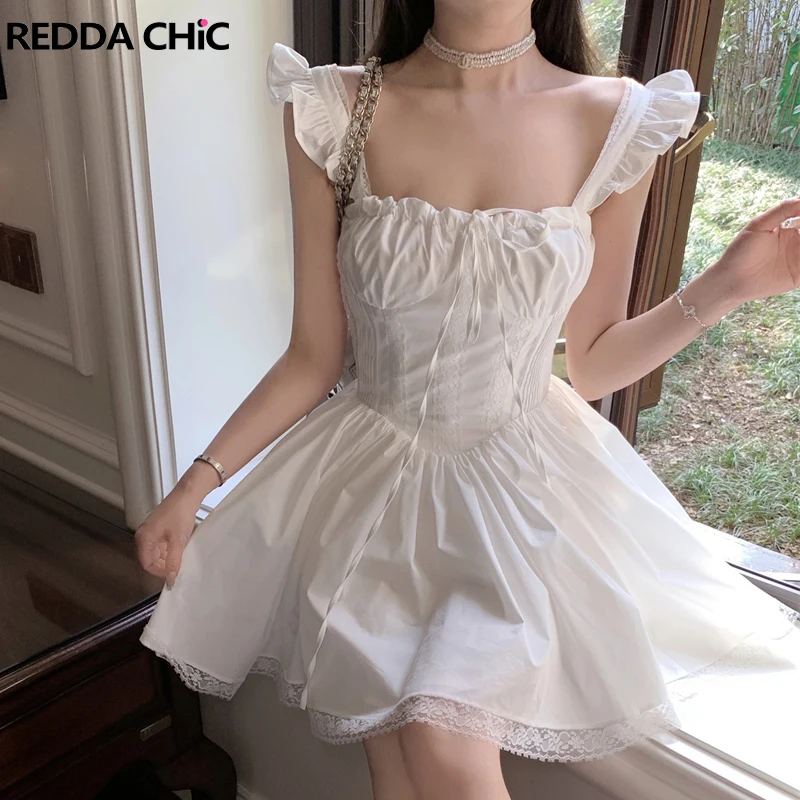 

ReddaChic Women White Lace Trim Desire One-piece Fly Sleeves Bandage Puffy Ruffle Princess Mini Dress Balletcore Summer Clothes