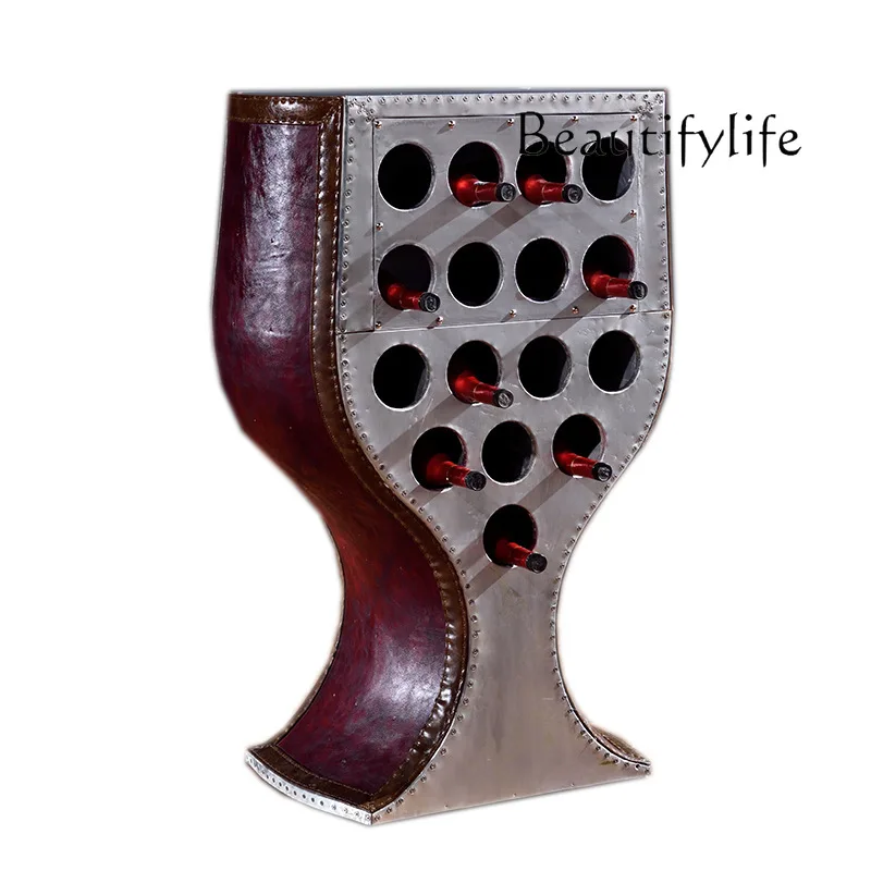 

Red Bar Wine Cabinet Aluminum Leather Rivets Personalized Creative Wine Glass Shaped Side Cabinet Retro Industrial Wind Metal