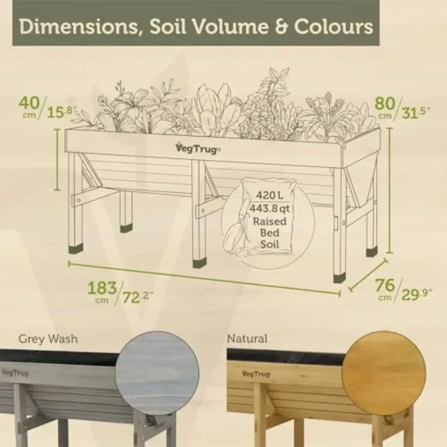 Classic Raised Bed, Grey Wash, - Cedar Wood V-Shaped Raised Garden Bed for Outdoor Gardening - Ergonomic Design for Balcony, Pa