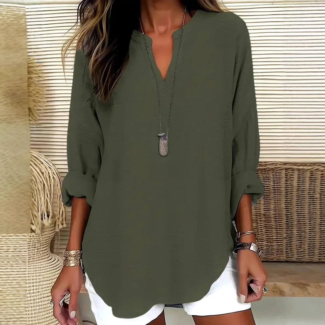 

Plus Size 2025 New Casual Tops Women's Loose Long Sleeve Stand Collar T-shirts Polyester Fashion Female Apparel V-neck Clothing
