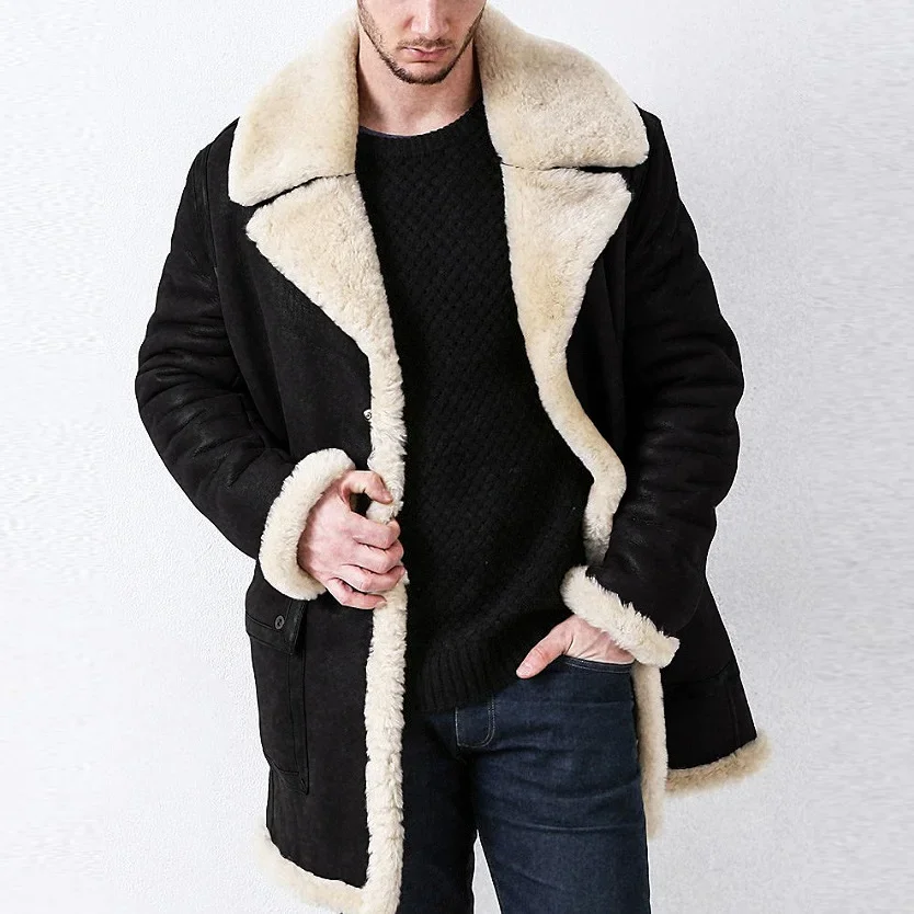 Autumn Winter Men Plush Jacket New Thicken Fleece Warm Turn Down Collar Male Coat Mid Length Long Sleeve Pocket Man Outerwear