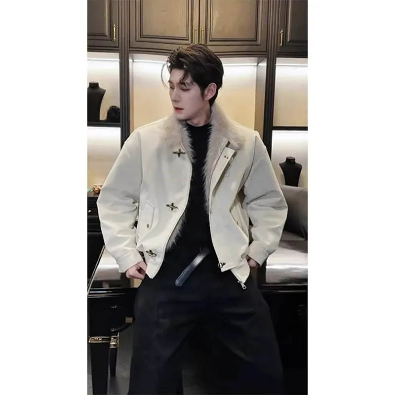 

Men's Fce Lined Suede Jaet Autumn Winter Large Size with Aircrt Bule Design Stand Collar Cotton Padded Warm Leather ...