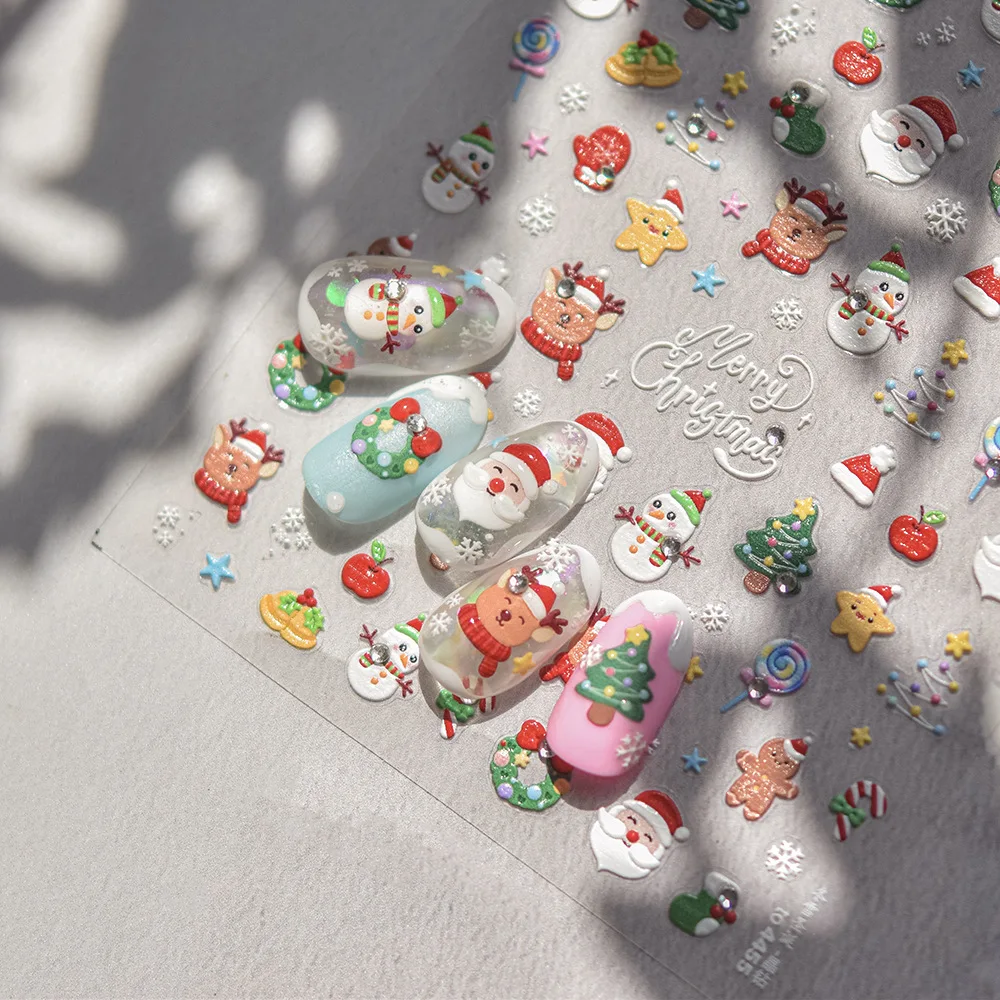 5D Relief Lovely Cute Merry Christmas Santa Claus Snowman Tree Garland Adhesive Nail Art Stickers Decals Manicure Ornaments