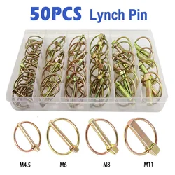 50Pcs Lynch Locking Pin Assortment Kit Heavy Duty Spring Steel Annular Ring Pins Farm Tractors Trailers Trucks Mower M4.5~M11