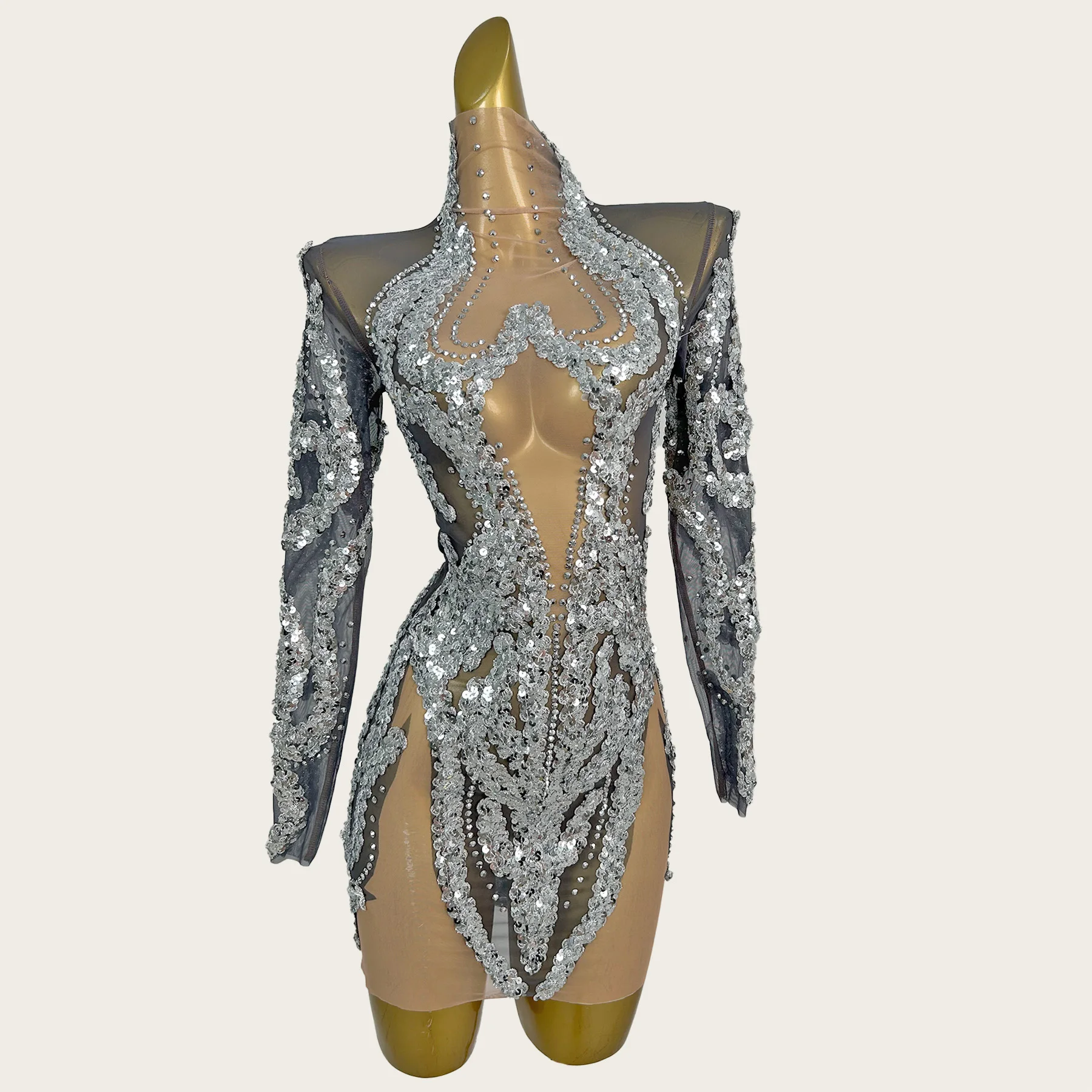 

Sexy See Through Mesh Long Sleeves Mini Dress Sparkly Sequins Party Outfit Club Stage Performer Wear Tight Fitting Dress Shibei