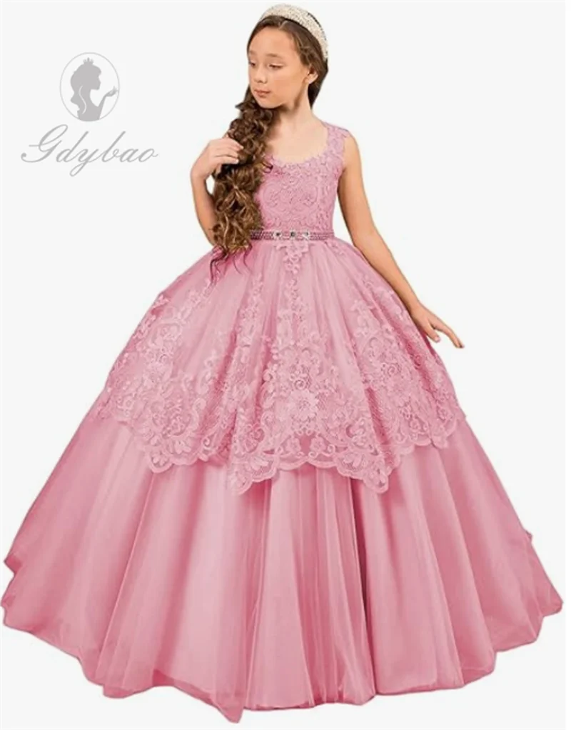 Lace Appliques Flower Girls Dresses Tulle Princess Wedding Pageant Ball Gown with Pearl Belt  Communion Birthday Party Dress