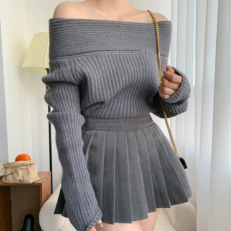 

Korean Fashion Off Shoulder Sweater Women Autumn Winter Long Sleeve Slash Neck Sexy Knitted Tops Pullovers Jumpers Pull Femme