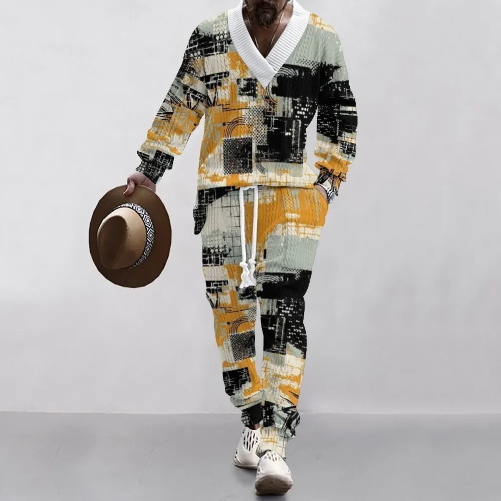 2024 Spring And Autumn New Men\'s Set Loose Large Size Men\'s Clothing Digital Printed Long-sleeved Top And Trousers Two-piece Set