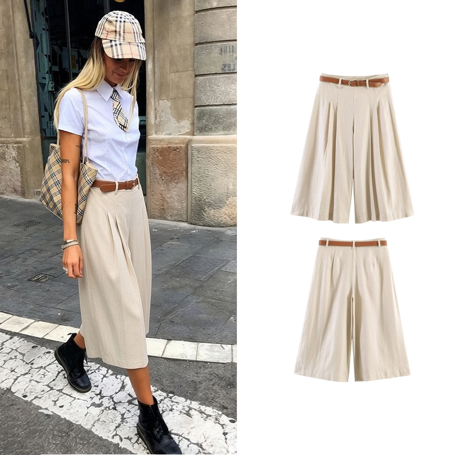 Pantalones Elegantes de Pierna Ancha con Pliegues y Cinturón para Mujer, Pantalones Casuales Holgados con Cremallera Lateral para Primavera/Verano, Pantalones de 7 Pulgadas para Dama