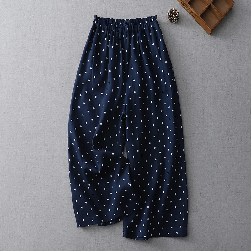 Japanese Sle Polka Dot Linen Wide Leg Pants Women's Casual Cotton Linen Straight Nine Point Pants High Waist ket Detail