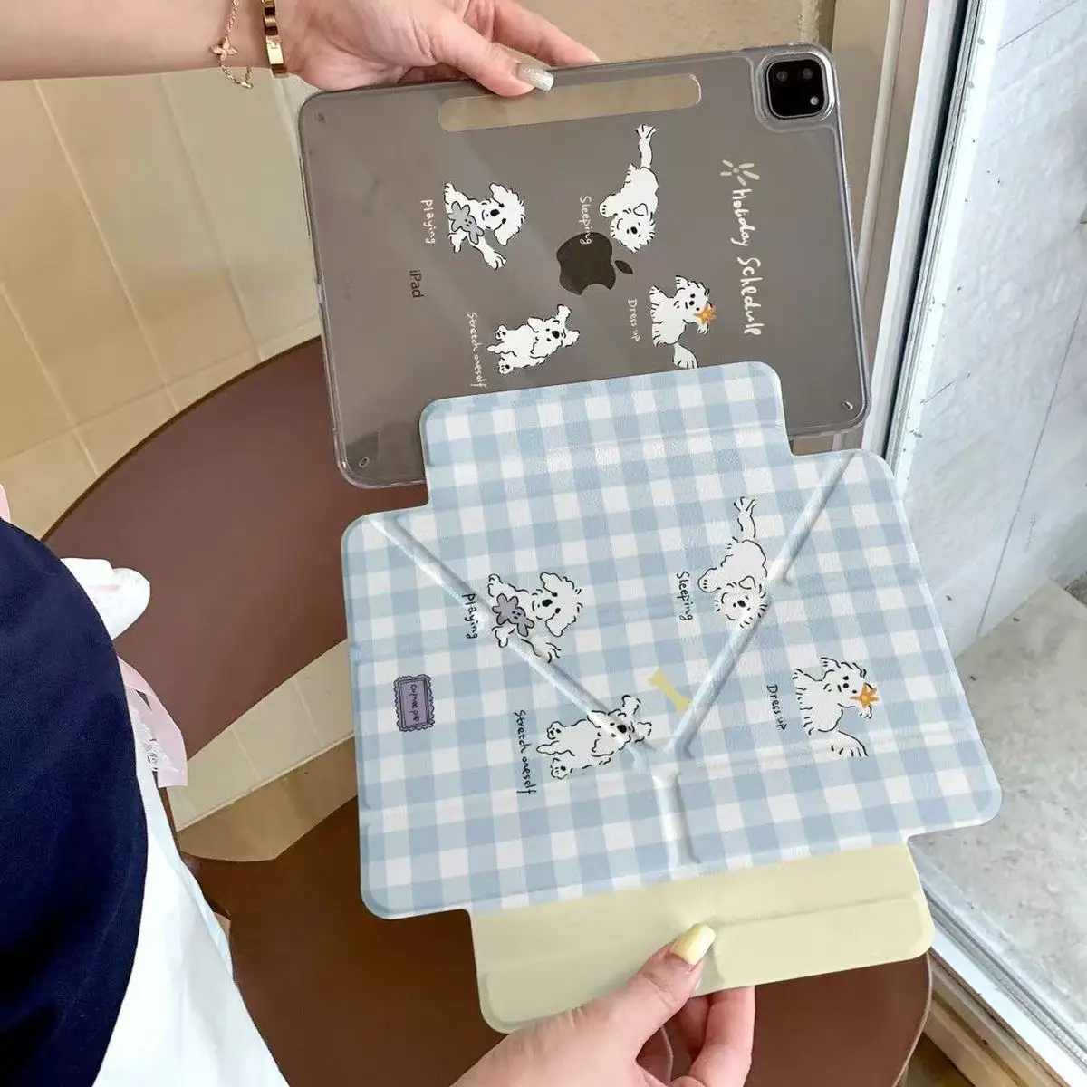 

Синий чехол с рисунком щенка в клетку для iPad Air 11, 10-го, 11-го поколений, A16, 9-го поколения, iPad Pro 11, 4, 5, 10.9 дюймов, 12.9 M2, M3, M4, Mini 7 с держателем для Apple Pencil