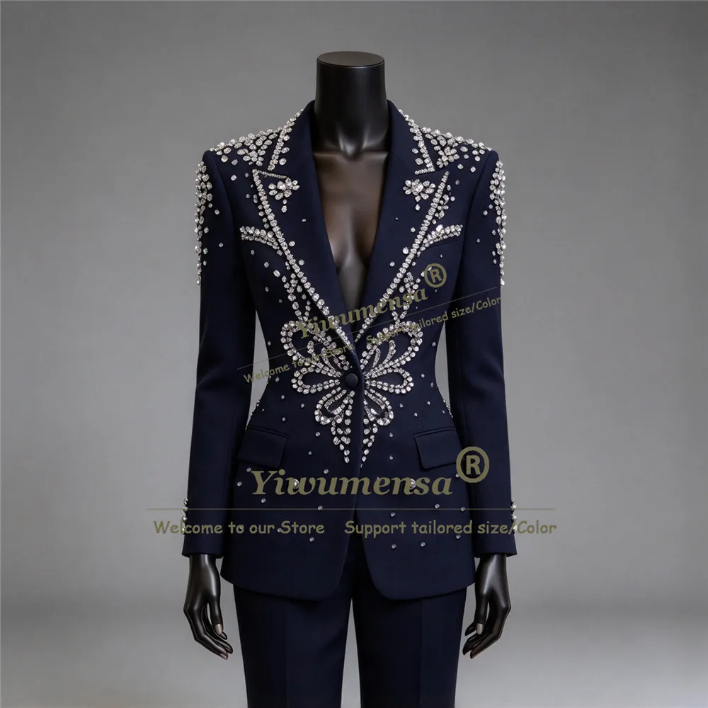 Handmade Suits For Woman Sparkly Beded Stones Jacket Pants 2 Pieces Single Breasted Jacket Pants Customized Conjuntos femininos
