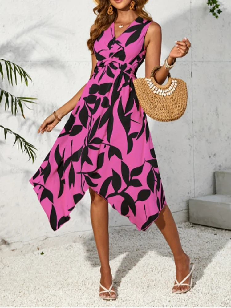 

Geometric Print Short Sleeved V-neck Lace Up Women's Dress Dating Vacation Fashionable Elegant Summer Dress