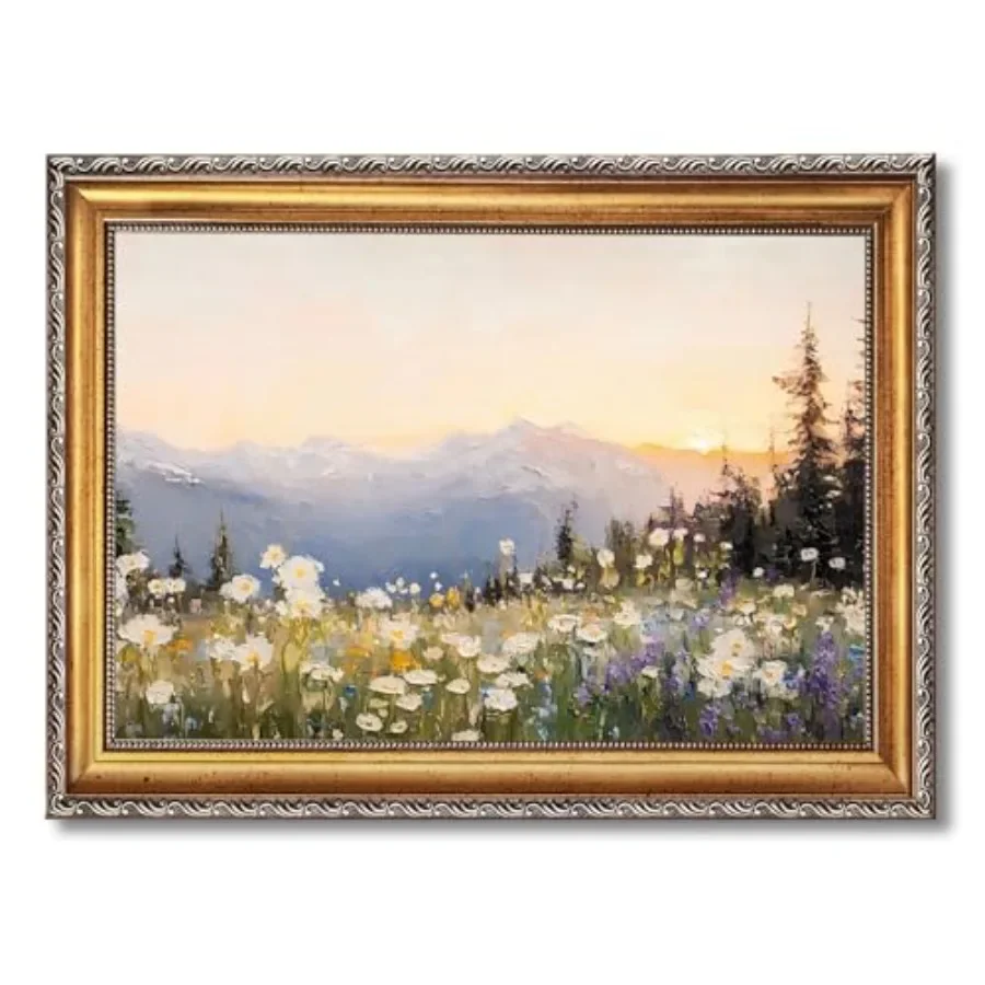 

Bedroom living room rustic nature decor: vintage wildflower sunset mountain wall art on canvas, gold-framed 24x36inch retro flo