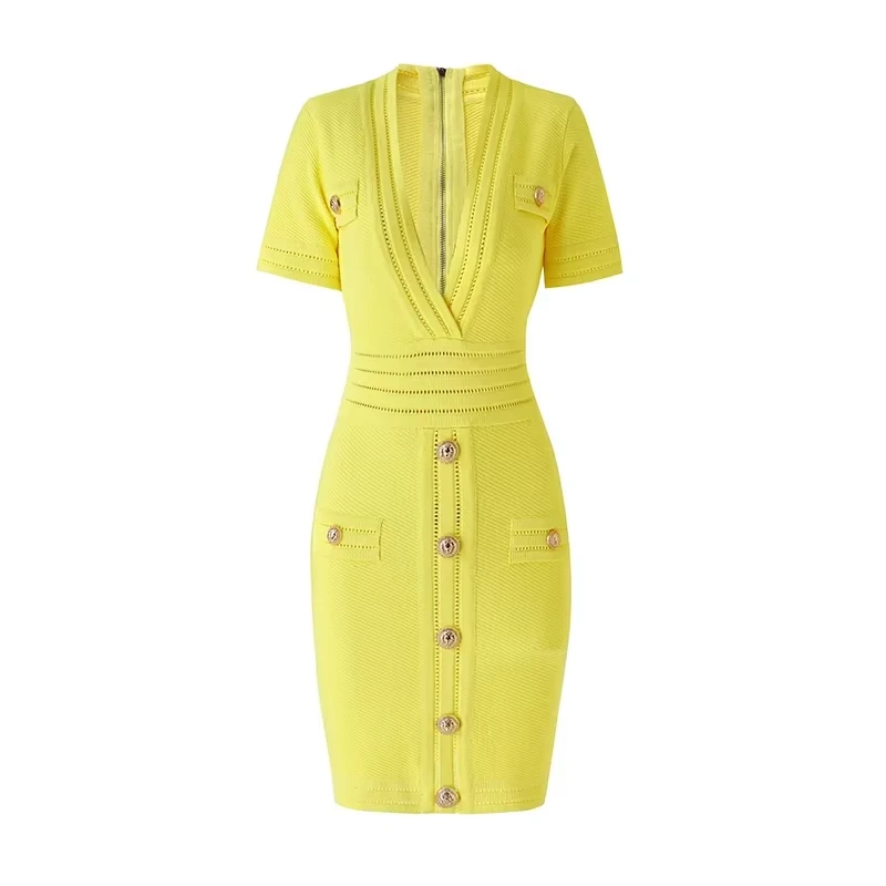 High Quality Summer Open Candy Color Lemon Yellow Knitted Women Vacation Dress