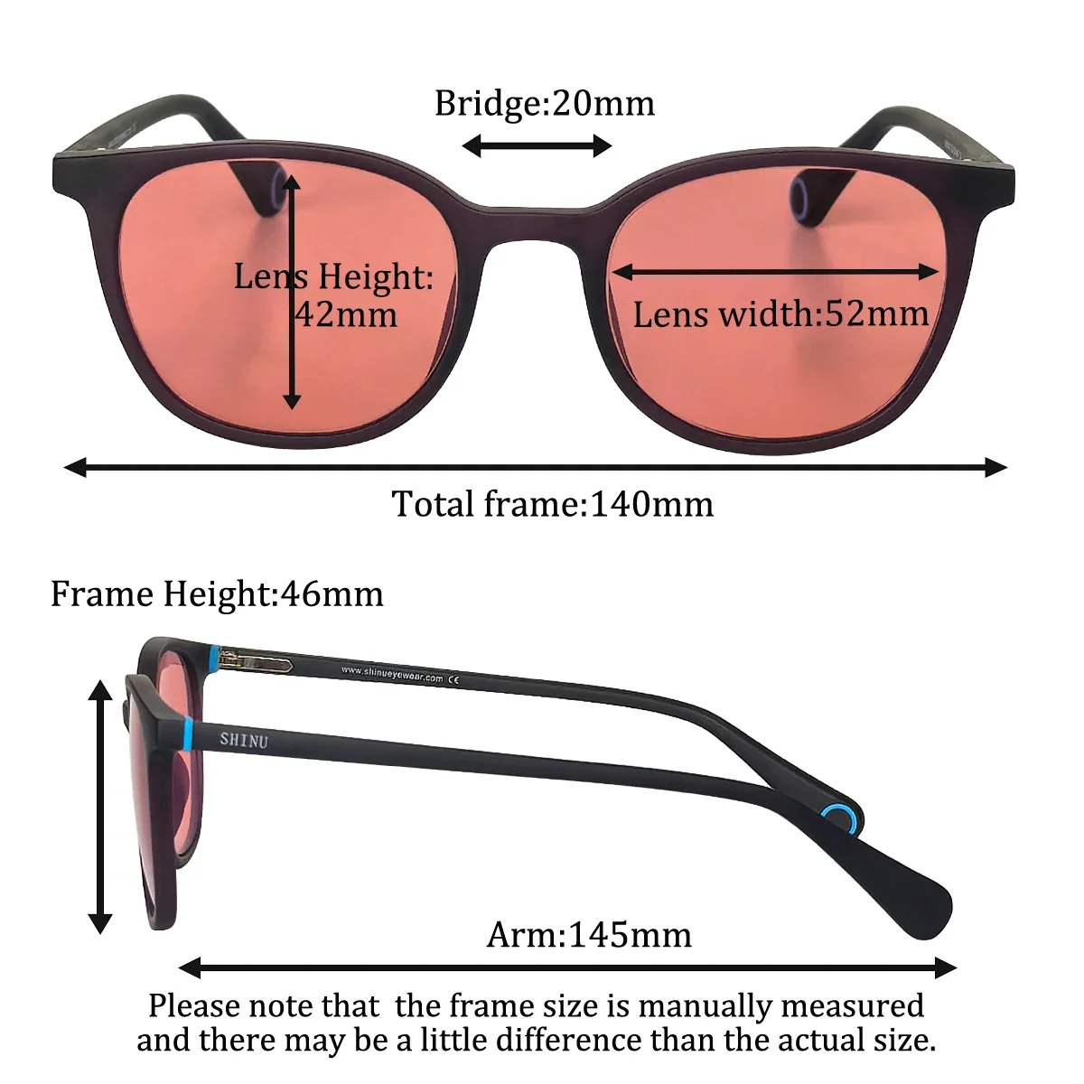 SHINU FL41Rose Tinted Glasses for Photophobia，Migraine & Eye Strain Relief, Filter 480-520nm Blue Green Light, UV400 Unisex