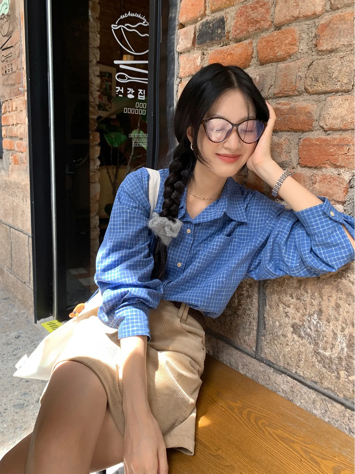 

Sisilyon Korean Sle adient Plaid irt Women's Small Size Field Blue Cheered irt Breathable Cotton Long Sve Ne
