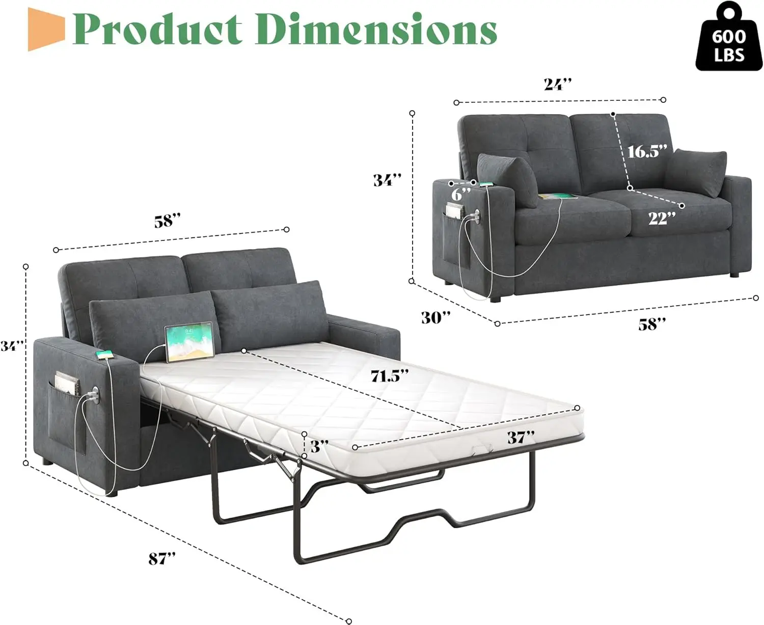 AMERLIFE Pull Out Sofa Bed, Sleeper Sofa with USB/Type-C Charging Port, Convertible Couch Bed with Memory Foam Mattress,